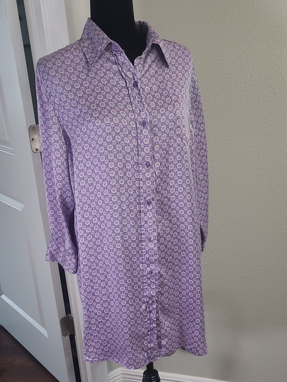 WinterSilks Lavender Printed Long-Sleeve Shirt Dress 100% Silk Size Small